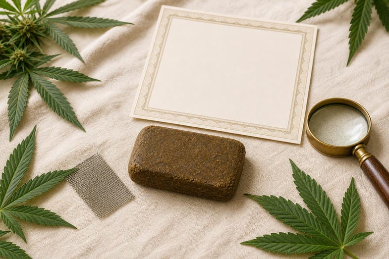 Editorial document study with a single CBD hash slab, blank certificate sheet, sieve fragment and brass loupe on cream linen