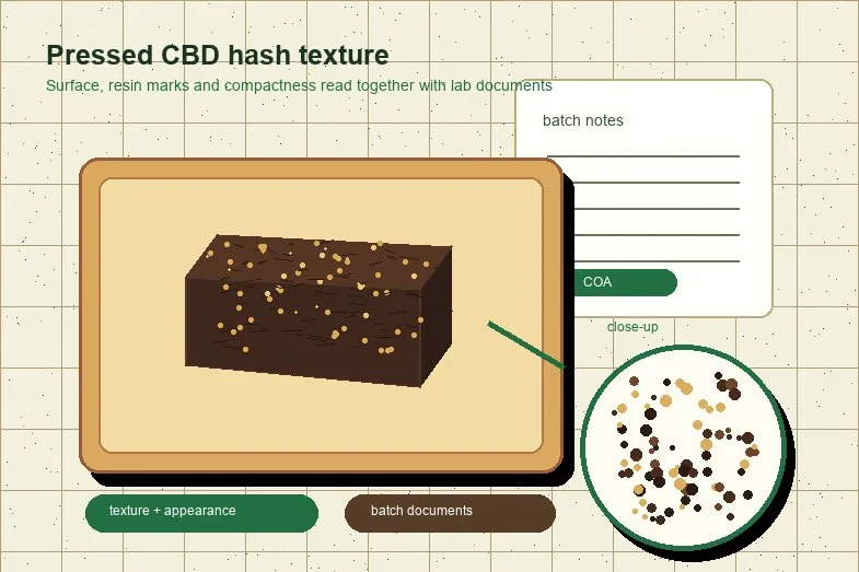 cbd-hash-pressed-resin-texture Pressed CBD hash block with resin texture close-up and batch document cards