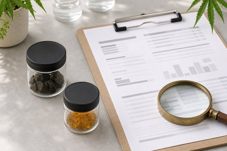 CBD hash and amber extract samples beside an anonymous batch document and brass magnifier