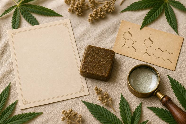 Editorial document study with a hash slab, blank certificate, unlabelled ring sketch, brass loupe and hemp leaves on cream linen