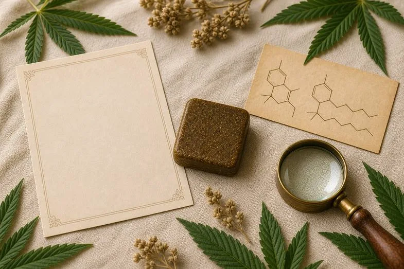 cbd-hash-vs-thc-hash-documents Editorial document study with a hash slab, blank certificate, unlabelled ring sketch, brass loupe and hemp leaves on cream linen