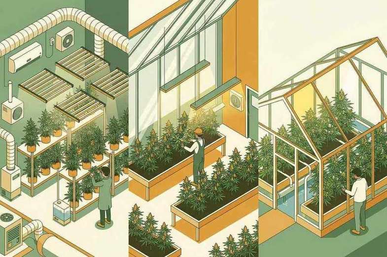 Indoor CBD hemp flower greenhouse with workers tending rows of plants and ventilation equipment