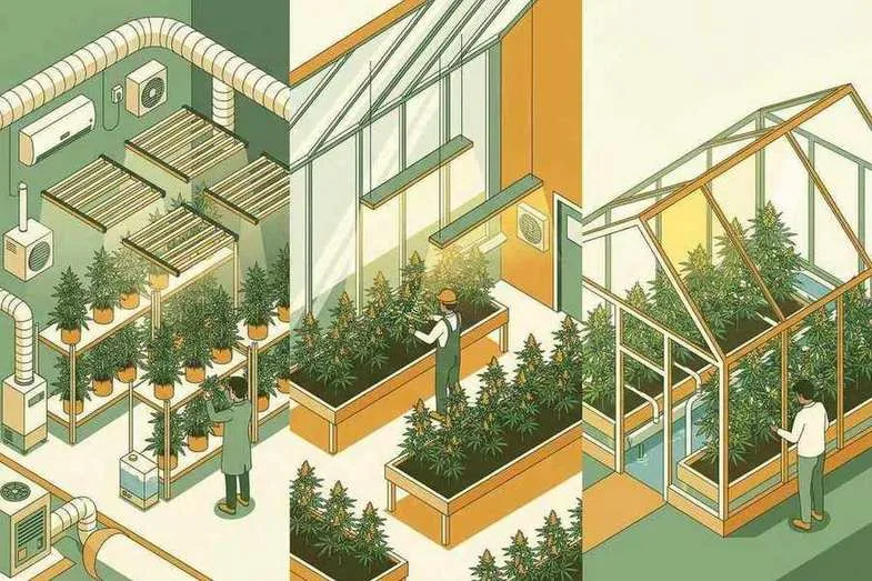 Indoor CBD hemp flower greenhouse with workers tending rows of plants and ventilation equipment