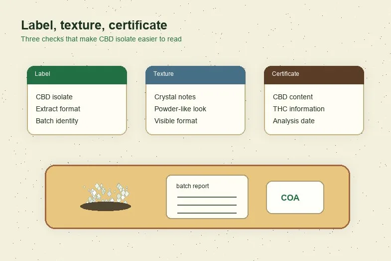 CBD isolate label texture and certificate cards with batch report and COA