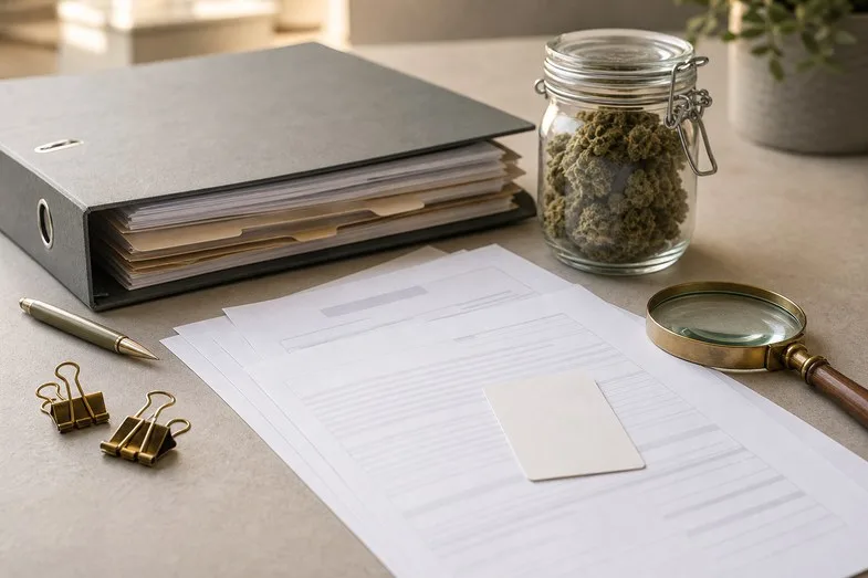 cbd-laws-in-europe-documents CBD laws in Europe source documents with hemp flower jar, binder tabs and magnifying glass