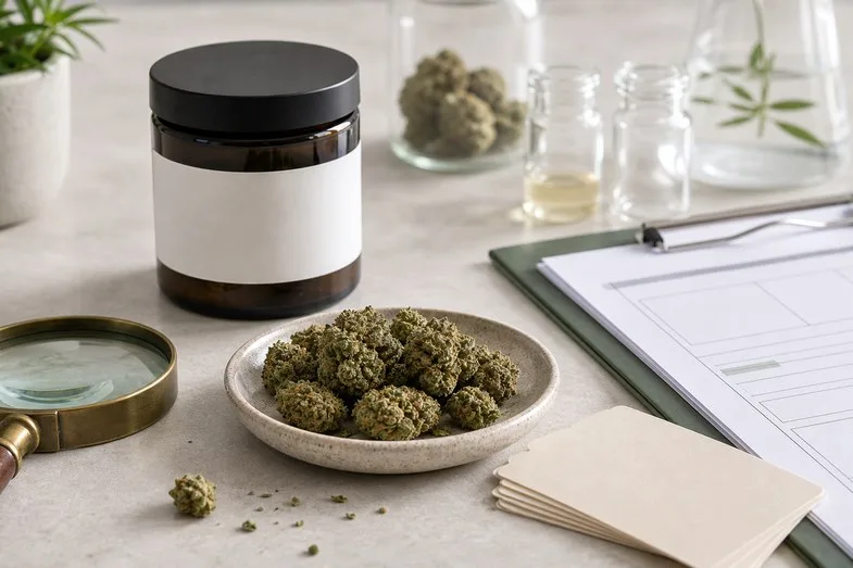 cbd-legal-framework-italy-label-check Neutral product jar with blank label, CBD flower sample and clipboard for legal label checks