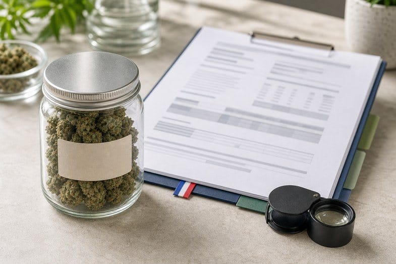 Blank-labeled CBD flower jar beside batch document pages, folder tabs and magnifier in soft daylight