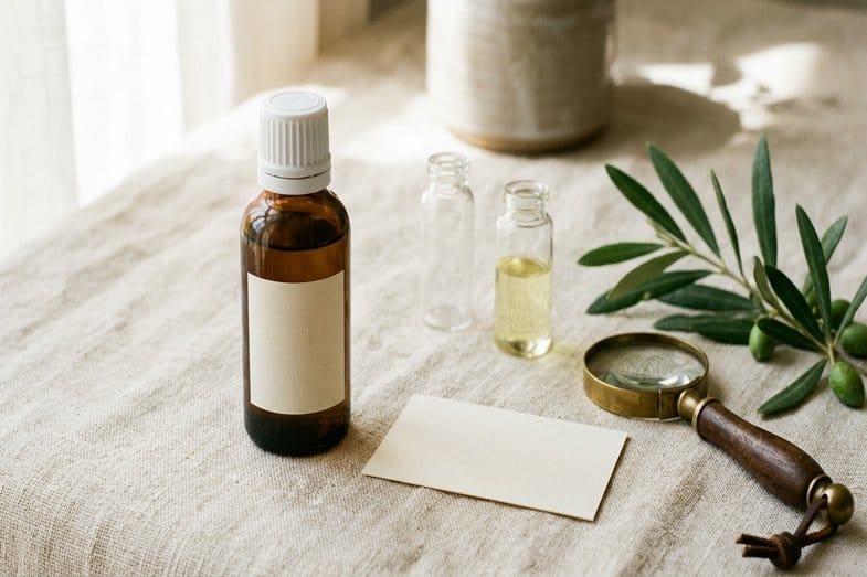 Amber CBD oil bottle beside blank batch card, clear glassware and a magnifying glass
