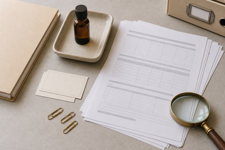 CBD oil COA document stack with closed amber bottle, folder, batch cards and magnifying glass