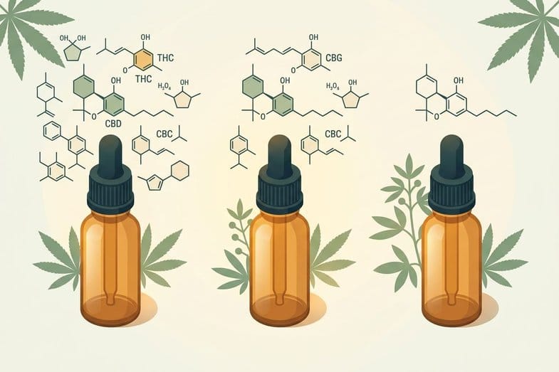 Three amber CBD oil bottles with cannabinoid molecule diagrams and hemp leaves on a cream background