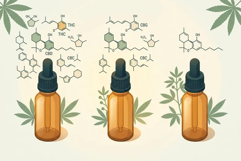 Three amber CBD oil bottles with cannabinoid molecule diagrams and hemp leaves on a cream background