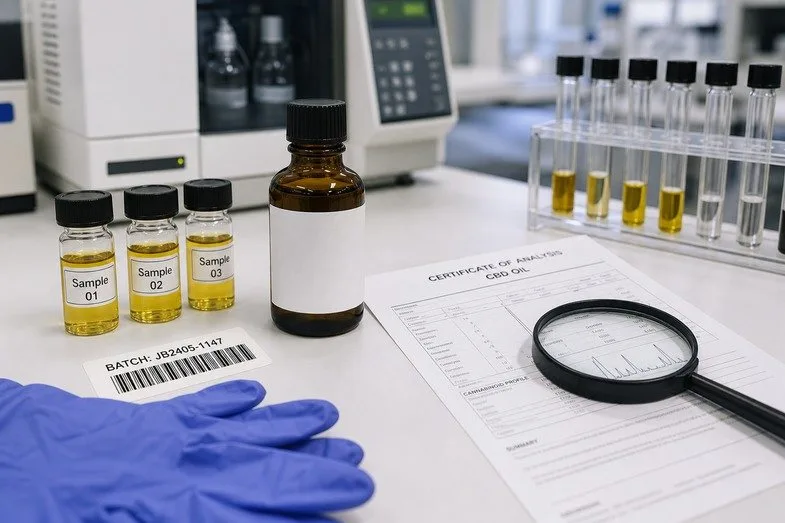 Amber CBD oil bottle beside sample vials, a COA sheet, barcode sticker, gloves and magnifying glass