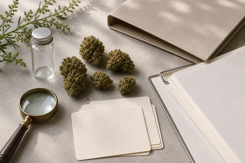 cbd-retail-rules-europe-label-check CBD flower samples beside blank product cards and neutral lab documents for checking retail labels