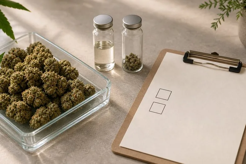 cbd-thc-batch-document-check CBD flower samples beside a blank checklist, clear vials and a clipboard for cannabinoid checks