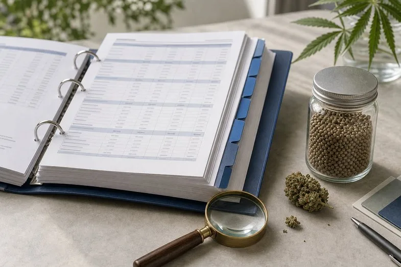 eu-industrial-hemp-catalogue-documents Open catalogue binder with hemp seeds, flower sample and magnifier on a clean EU reference desk