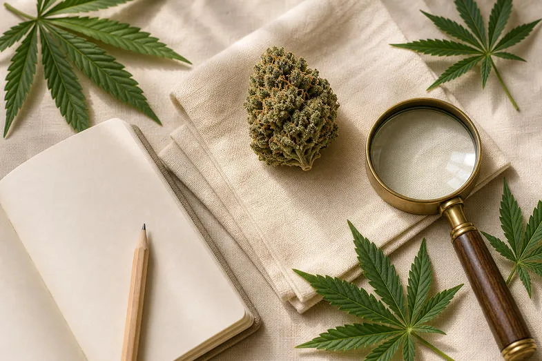 hemp-bud-appearance-documents Editorial document study with a hemp bud, blank batch notebook, brass loupe and cannabis leaves on warm cream linen background