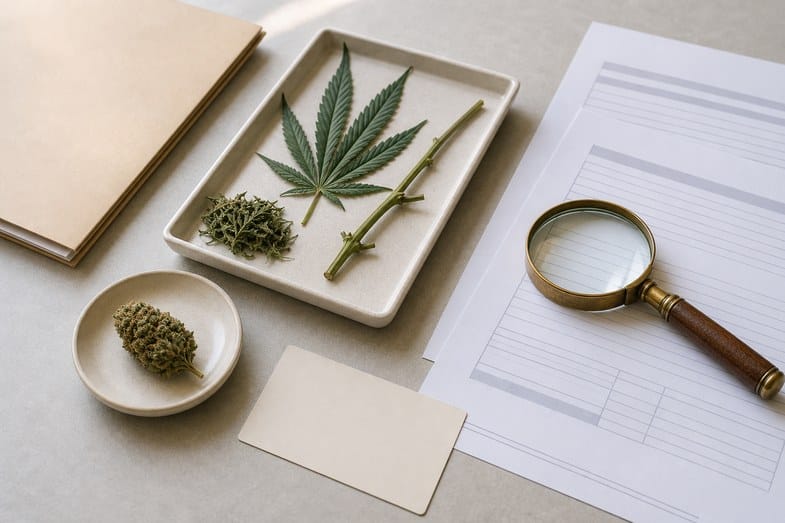 Hemp plant parts beside blank document sheets, specimen tray and magnifying glass on a desk