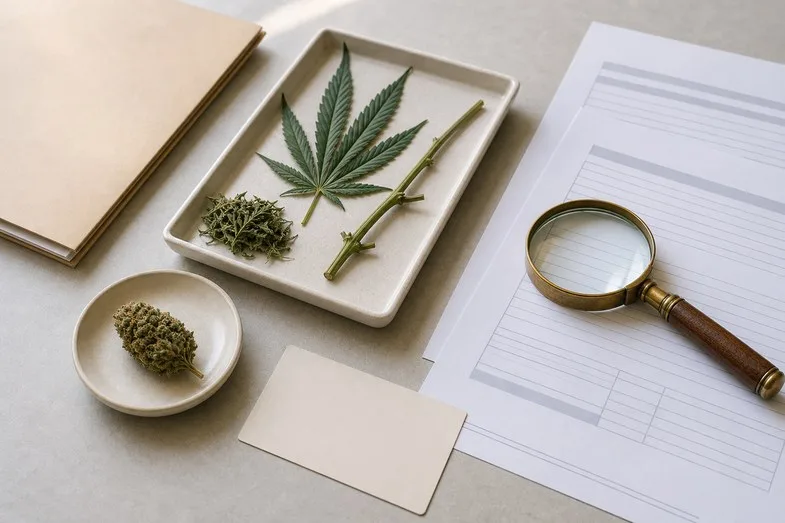 hemp-buds-stems-leaves-documents Hemp plant parts beside blank document sheets, specimen tray and magnifying glass on a desk