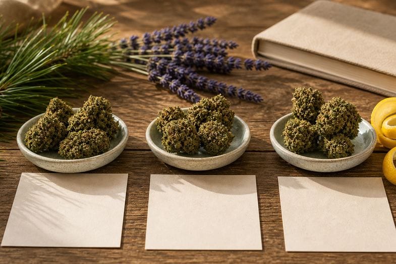 Three CBD flower samples beside blank cards, pine, lavender and citrus peel