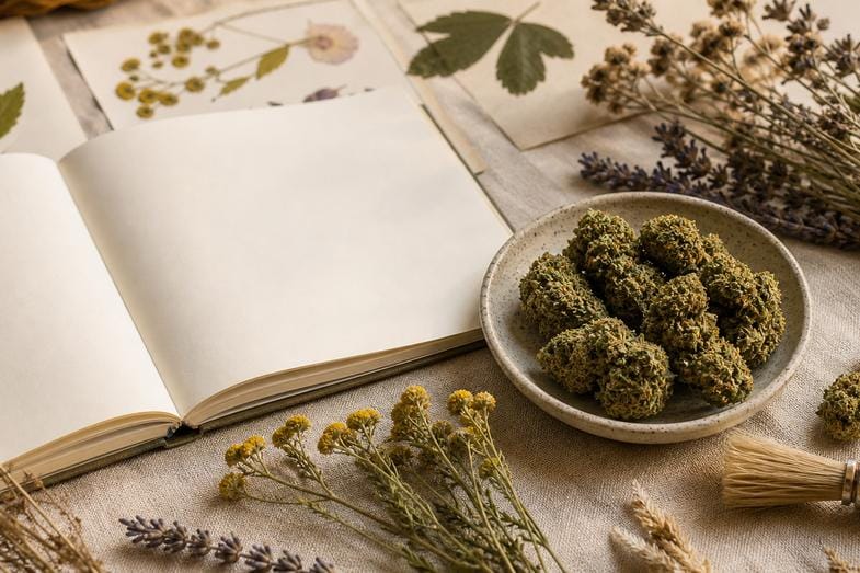 Hemp flowers beside an open blank notebook, pressed leaves and dried meadow herbs