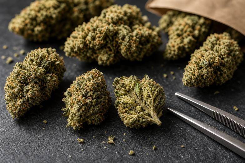 Trimmed hemp flower buds on dark slate with tweezers and visible resin texture in macro light
