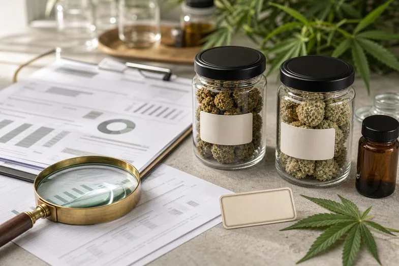 Enriched hemp flower jars beside blurred certificate sheets, batch label and magnifying glass