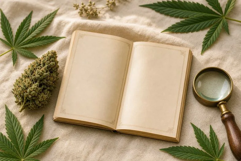 hemp-flower-glossary-documents Editorial document study with a single hemp bud, blank glossary booklet, brass loupe and cannabis leaves on cream linen