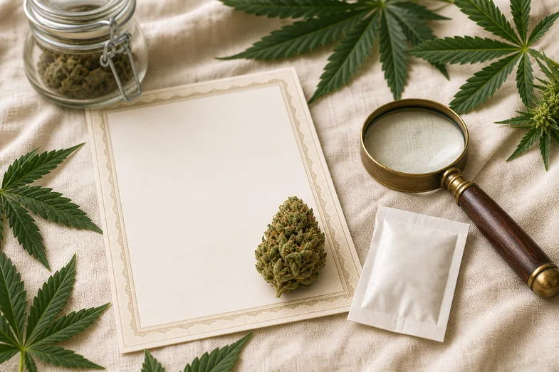 Single hemp bud beside blank certificate sheet, white humidity sachet and brass loupe on cream linen