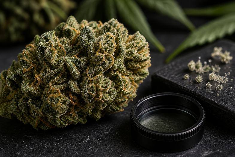 Macro hemp flower bud with visible trichome texture beside a lens cap on dark botanical surface