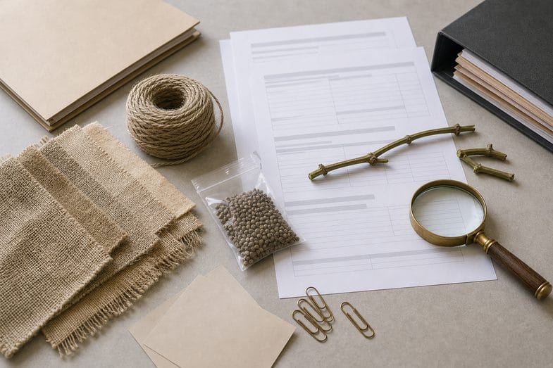 Hemp fibre swatches, twine coil, sealed seed sample and blank agricultural reference sheets