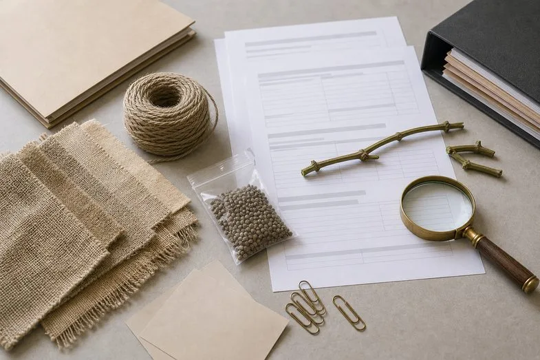 Hemp fibre swatches, twine coil, sealed seed sample and blank agricultural reference sheets