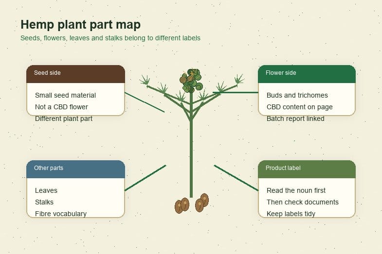 Hemp plant part map showing seeds flowers leaves stalks and product label notes