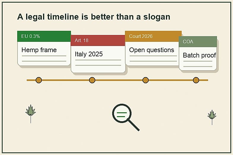 italy-cbd-law-timeline-documents Editorial timeline cards for EU hemp rules, Italy Article 18 and CBD batch documents
