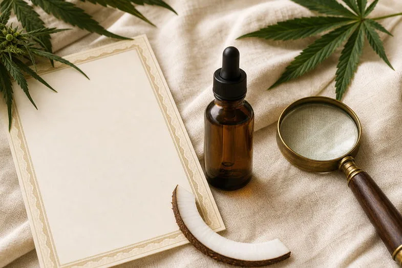 mct-carrier-oil-cbd-documents Sealed amber CBD oil bottle beside blank certificate sheet, coconut slice and brass loupe on cream linen