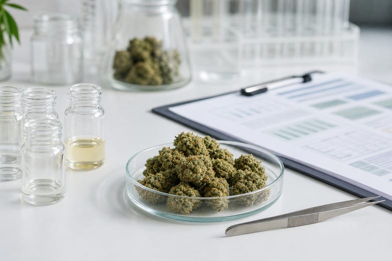 Hemp flower bowl beside clear vials and a blank report page for cannabinoid profile checks
