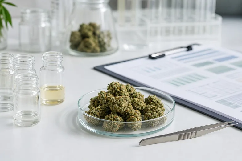 Hemp flower bowl beside clear vials and a blank report page for cannabinoid profile checks
