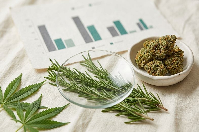 Rosemary sprigs under a watch glass beside hemp flower buds and blurred terpene profile chart