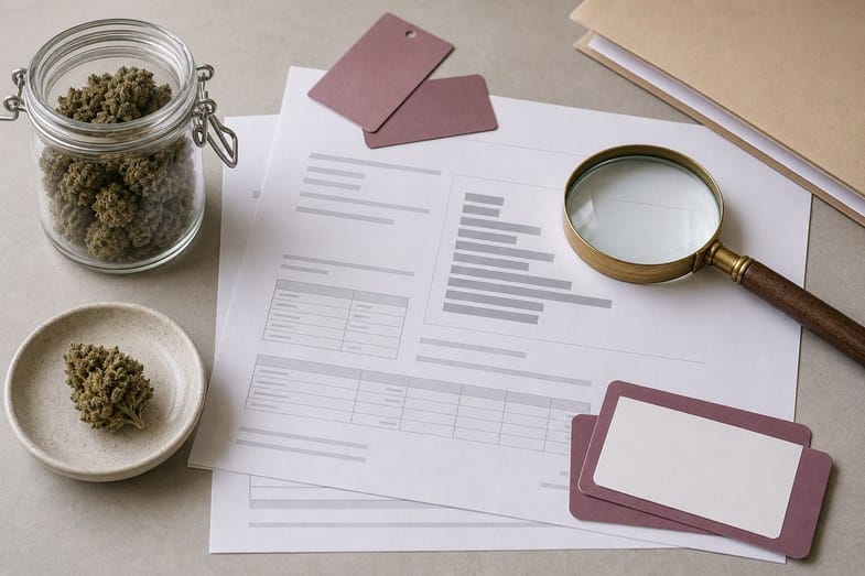 Sweet Berry CBD flower jar beside blank terpene document sheets, magnifier and label cards