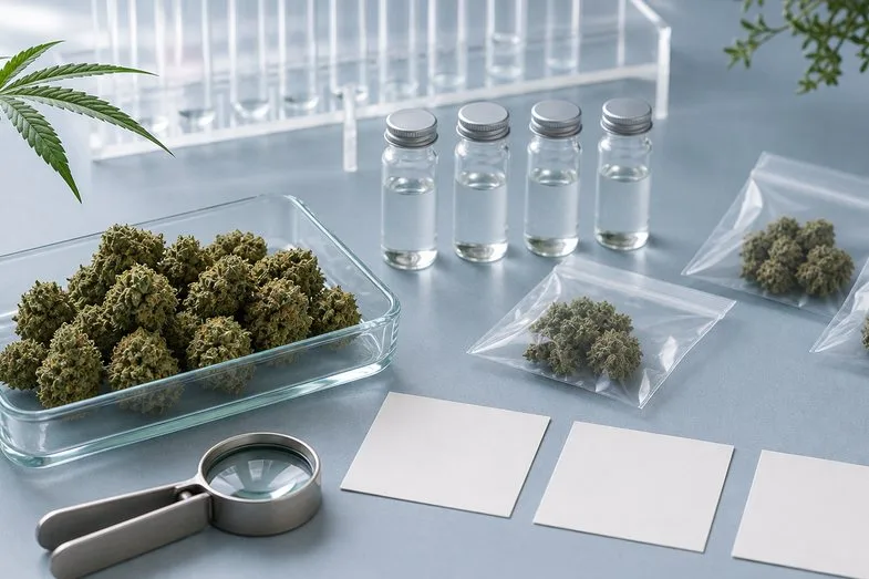 CBD flower samples with blank cards, vials and a magnifying loupe for trace THC checks
