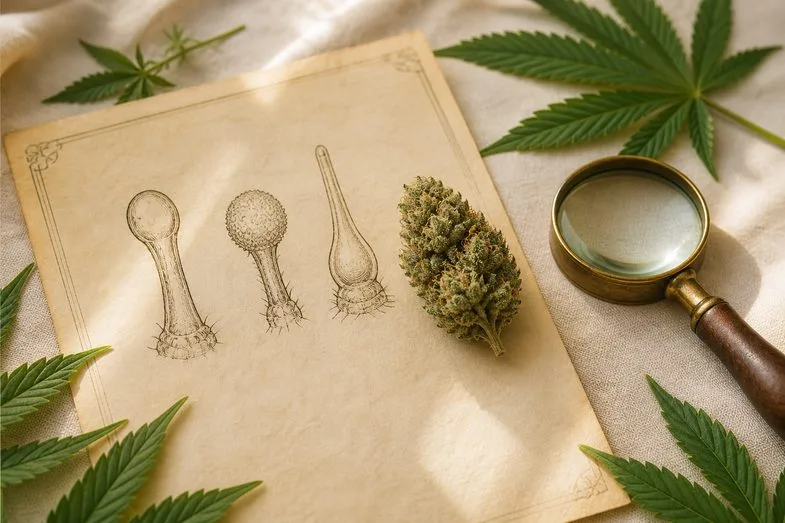 what-are-trichomes-documents Editorial document study with a frosted hemp bud, parchment trichome sketch sheet, brass loupe and hemp leaves on cream linen