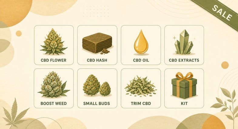 cbd-deals-categories-overview Flat vector grid of eight Justbob CBD categories on sale: flower, hash, oil, extracts, Boost Weed, small buds, trim and kit, with a SALE ribbon