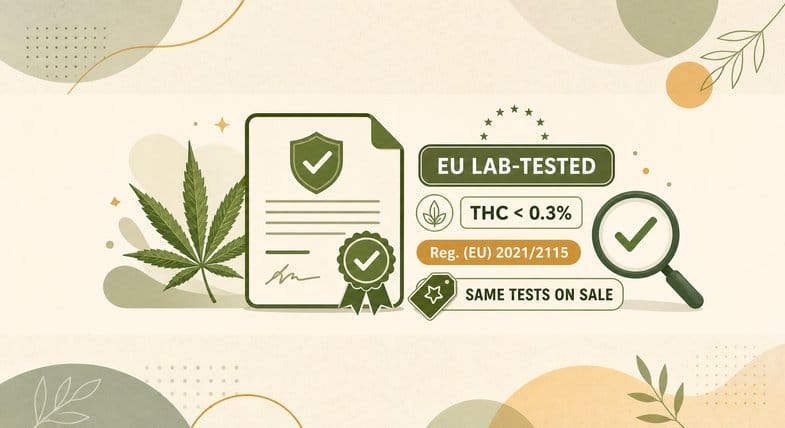 cbd-deals-lab-analysis-coa-eu Flat vector certificate schema for Justbob CBD: EU lab-tested seal, THC under 0.3%, Reg. (EU) 2021/2115 badge and a hemp leaf