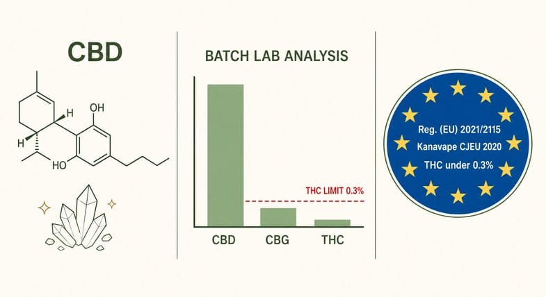 Three-section schematic flat vector illustration of Justbob CBD extracts lab analysis: a Cannabidiol CBD molecular structure with a small crystalline-shard icon on the left, a BATCH LAB ANALYSIS bar chart in the centre showing CBD tall, CBG low and THC very low with a red dashed THC LIMIT 0.3% line, and an EU compliance badge on the right with twelve yellow stars and the lines Reg. (EU) 2021/2115, Kanavape CJEU 2020 and THC under 0.3%