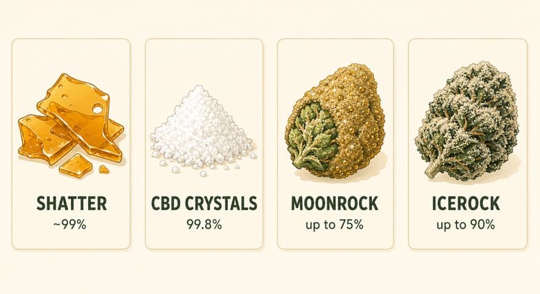 Four CBD extract product families compared as a flat vector illustration with labelled cards: SHATTER around 99 percent as amber glass-like chunks, CBD CRYSTALS 99.8 percent as white crystalline isolate, MOONROCK up to 75 percent as a cannabinoid-coated flower, and ICEROCK up to 90 percent as a denser coated flower, with no people in frame