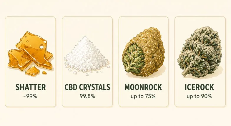 Four CBD extract product families compared as a flat vector illustration with labelled cards: SHATTER around 99 percent as amber glass-like chunks, CBD CRYSTALS 99.8 percent as white crystalline isolate, MOONROCK up to 75 percent as a cannabinoid-coated flower, and ICEROCK up to 90 percent as a denser coated flower, with no people in frame