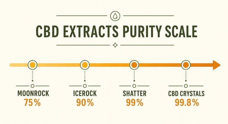 Flat vector horizontal purity scale infographic placing the Justbob CBD extracts by CBD percentage along a left-to-right axis: MOONROCK around 75 percent, ICEROCK around 90 percent, SHATTER around 99 percent and CBD CRYSTALS at 99.8 percent isolate, with no people in frame