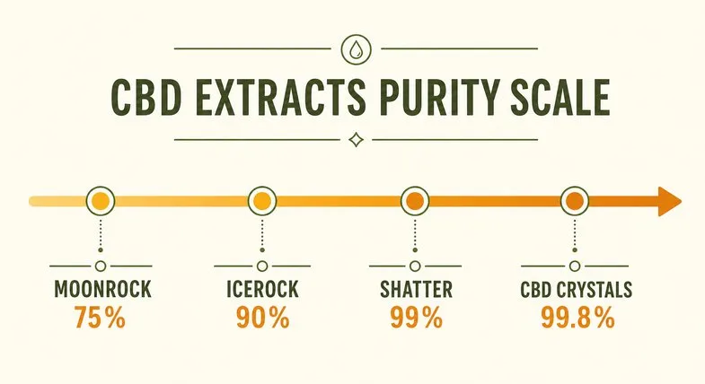 Flat vector horizontal purity scale infographic placing the Justbob CBD extracts by CBD percentage along a left-to-right axis: MOONROCK around 75 percent, ICEROCK around 90 percent, SHATTER around 99 percent and CBD CRYSTALS at 99.8 percent isolate, with no people in frame