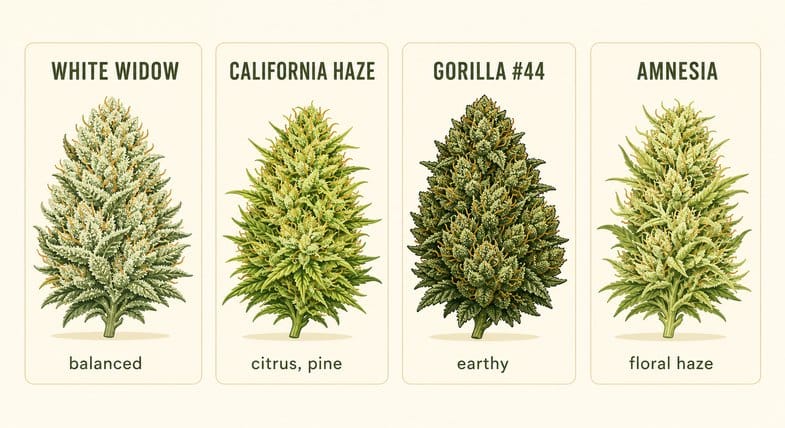 cbd-flower-classic-genetics-comparison Four labelled CBD flower varieties compared as editorial illustration cards: WHITE WIDOW (balanced), CALIFORNIA HAZE (citrus, pine), GORILLA #44 (earthy) and AMNESIA (floral haze), each shown as a stylised hemp bud in sage-green and amber tones with its terpene note labelled below, on a cream background