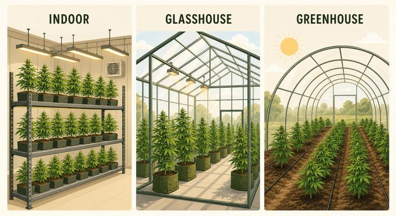 cbd-flower-cultivation-indoor-glasshouse-greenhouse Three CBD flower cultivation methods labelled INDOOR, GLASSHOUSE and GREENHOUSE shown side by side as an editorial illustration: an LED-lit grow room with hemp plants on metal shelving, a glass-roofed glasshouse with potted hemp plants under daylight and small lamps, and an arched greenhouse tunnel with hemp plants in soil rows under a warm sun, with no people in frame
