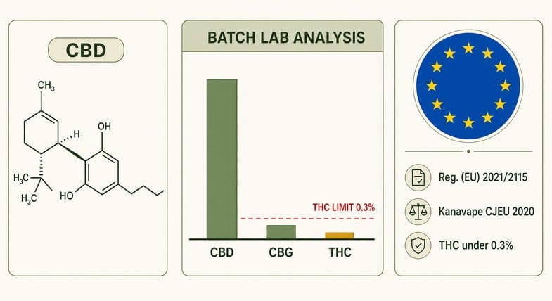 cbd-flower-lab-analysis-eu-coa Three-section schematic flat vector illustration of Justbob CBD flower lab analysis: the Cannabidiol CBD molecular structure on the left, a BATCH LAB ANALYSIS bar chart in the centre showing CBD tall, CBG low and THC very low with a red dashed THC LIMIT 0.3% line above the THC bar, and an EU compliance badge on the right with twelve yellow stars and the lines Reg. (EU) 2021/2115, Kanavape CJEU 2020 and THC under 0.3%